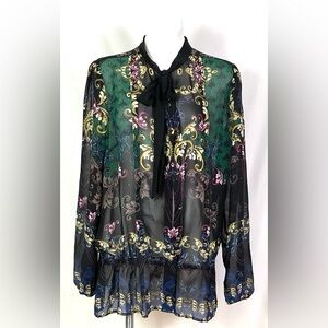 Bisou Bisou-fleur-de-lis-semi shear chiffon blouse-size XL